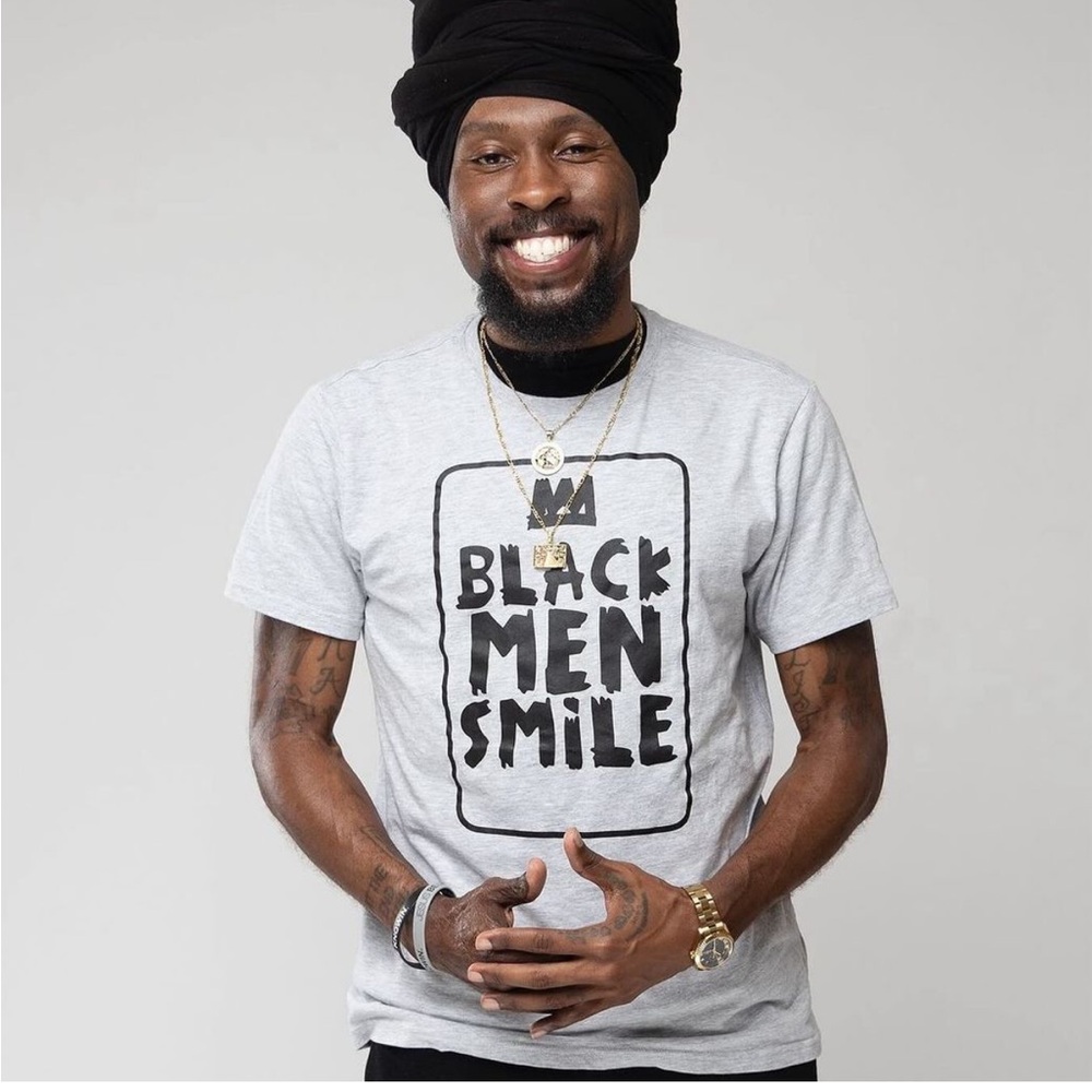 NWT! Black men smile gray short sleeve shirt with black men smile text